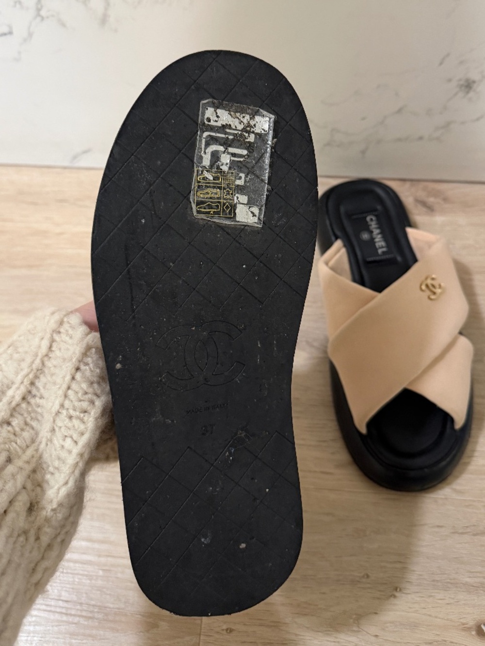 Chanel CC Logo Crossover Slide Sandals Beige/Black Size 37 w/ Box & Dust Bag - Picture 5 of 5